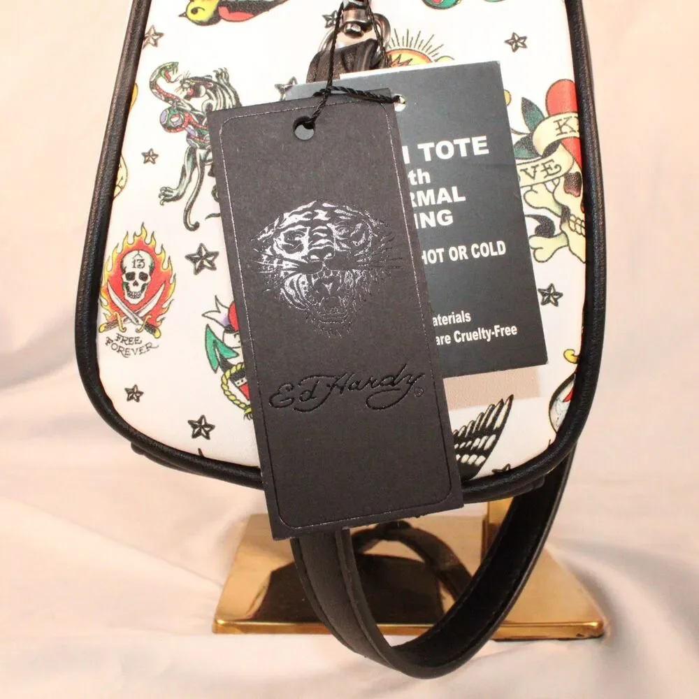 NWT Ed Hardy Insulated Lunch Tote Bag Satchel White Tattoo Flash Crossbody New